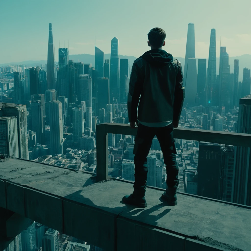 cinematic film still of  a man Are standing on a ledge in a future的な city,Vionic,Transhuman,Dystopia,Dystopian,Kaktopia,sf,high tech,Low lifespan,Societal Collapse,artificial,Posthuman,future,future的な,artificial intelligence,cyborg,Genetically Enhanced Humans,sf,Cyberpunk Style,alone,One boy,Are standing,Men&#39;s Center,Outdoor,null,From behind,night,building,scenery,sf,city,handrail,silhouette,cityscape,Wide Shot,nullscraper,city lights,Neon Light , Cyberpunk Style, Shallow depth of field, Vignette, Very detailed, High budget, Bokeh, CinemaScope, Sulky, amazing, nice, Film Grain, granular