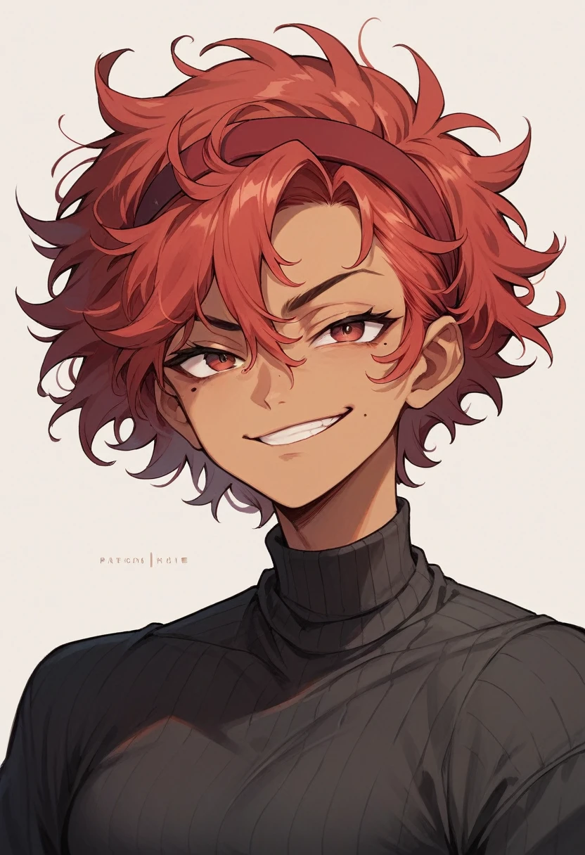 (masterpiece), best quality, expressive eyes, perfect face, tan skinned male, red hair, short hair, messy hair, red headband, smirk, beauty mark, mole, black shirt, sweater tied at the waist, beautiful face