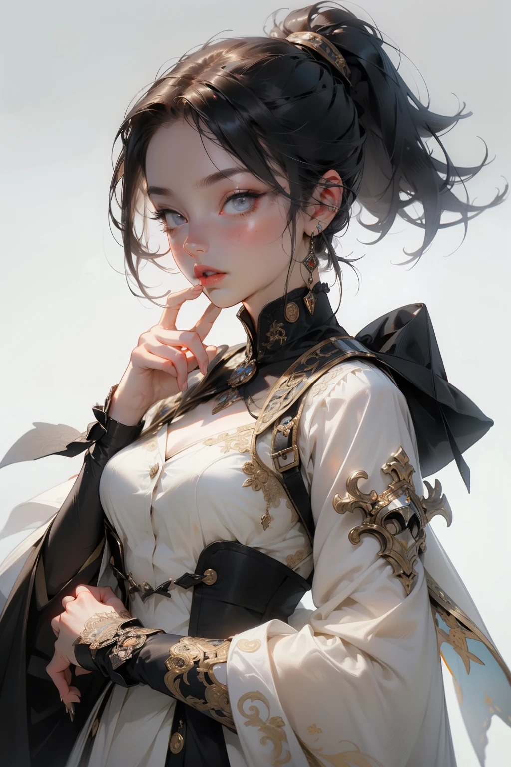 (((masterpiece, of the highest quality, super detailed))), (digital art), (a witch belonging to an occult order of knights), (a knight crossed with a witch), Victorian era inspired, ((minimal but intricate beautiful armour)), (Fluttering lace flared dress with frilly petticoats), ((Bloodbourne inspired)), (big forhead:1.2), (((dark hair, ponytail, thick ponytail, heavy ponytail))), (((Very sharp focused eyes))), ((small breasts)), very long eyelashes, occult aesthetic, (red and white clothing detailed and intricate steampunk and detailed gothic), (with a hood), complex lace boots,