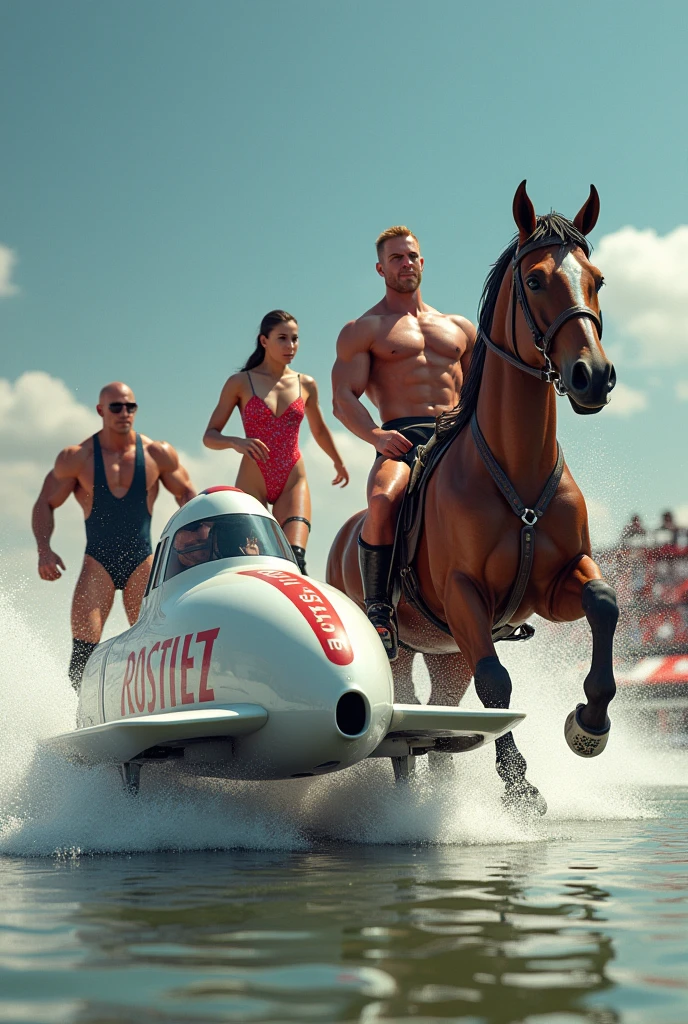 Un athletic race between 4 teams, one is a bobsleigh car, the second a man I. Wrestling suit, the third one is an equestrian and the forth a guy in a swimsuit