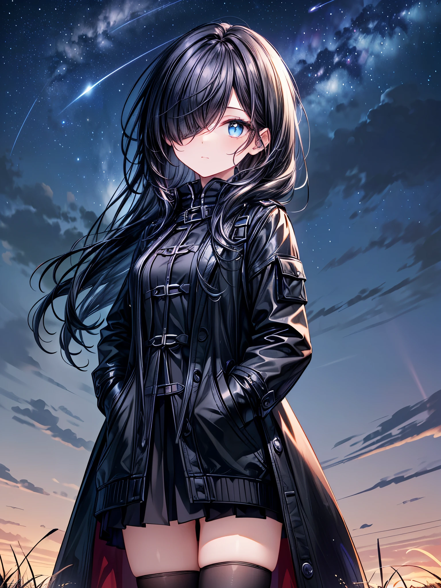((Oriental Project)),((masterpiece)),((Highest quality)),((Fascinating)),((alone)),((Deep blue pupils)),((Beautiful Blue Eyes)),((Wearing a black coat)),((Wearing a black mini skirt,She is wearing black tights under her skirt)),((Slim legs)),((length, Shiny black hair)),((Her left eye is completely hidden by her bangs)),((Her hair is parted, and you can see her eyes through it)),((Wearing black gloves)),((hair over one eye,long hair)),,((Complex background)),((Starry night view)),(Standing on a hill)),((Put your arms in your pockets)),((Looking up at the night sky)),((Stereoscopic perspective))