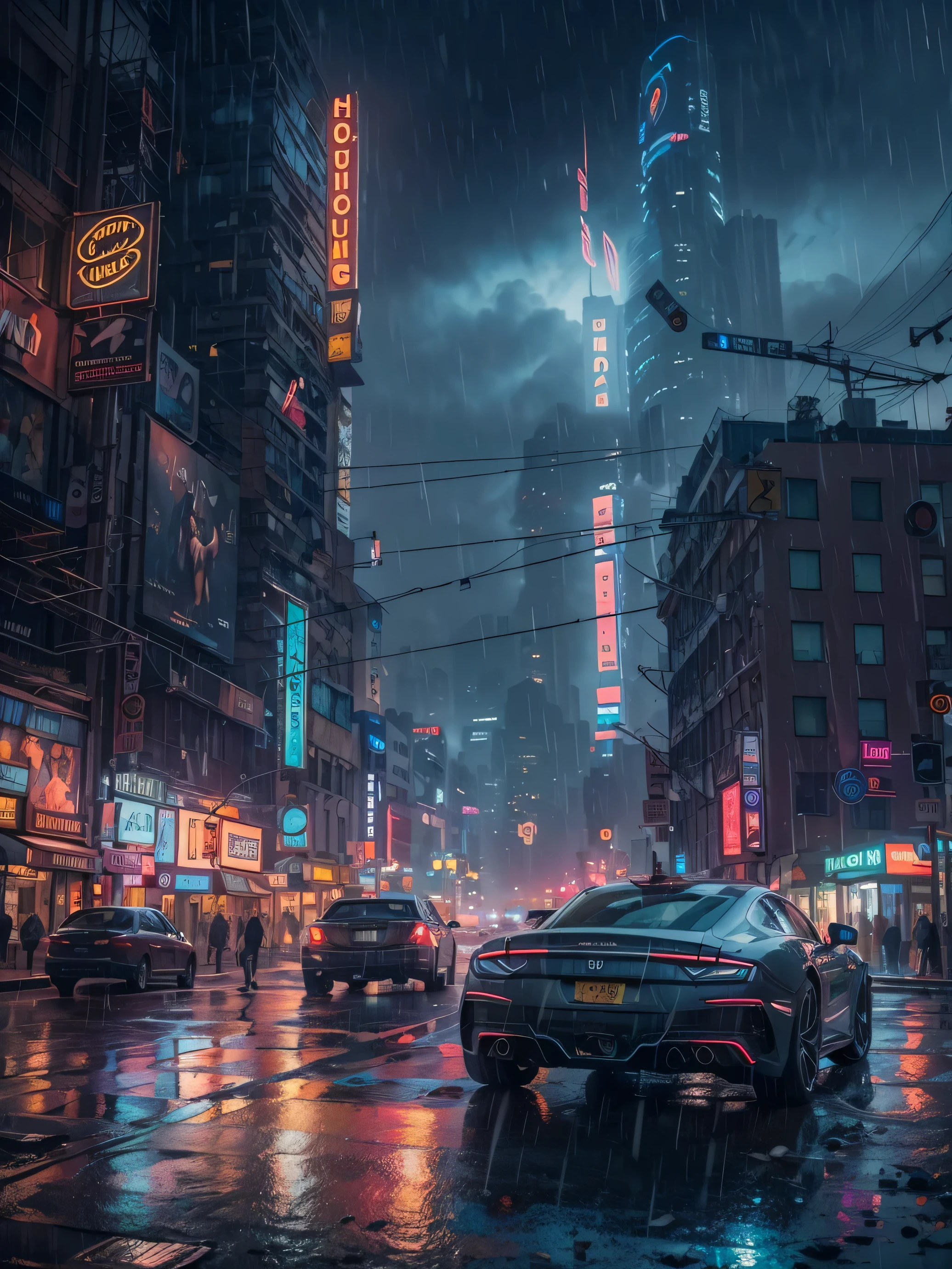 (((Masterpiece))),high resolution,realistic details,sharp focus, hyper-realistic landscape photo of a dystopian New York City set in the year 2527, cyberpunk. The cityscape should feature futuristic skyscrapers going through the clouds with sharp details, illuminated by vibrant neon lights and holograms. Capture the scene from a street-level perspective during a dark and rainy night. The atmosphere should convey a bustling yet ominous mood, highlighting the contrast between the dystopian environment and advanced technology, super futuristic cars, flying cars.(Very detailed: 1.3),4k