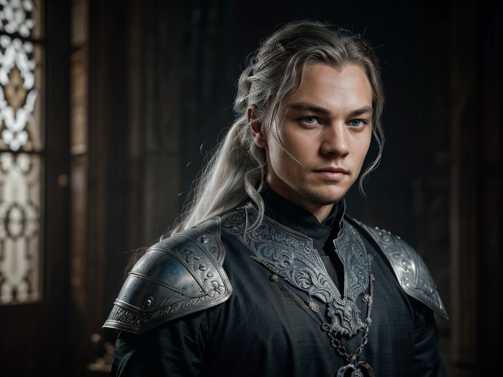 Create an ultrarealistic portrait of a young Leonardo DiCaprio as a Targaryen from Game of Thrones. He has striking platinum white hair, tied back in a neat ponytail, with a few strands falling around his face. His intense blue eyes are framed by sharp, aristocratic features. He is dressed in detailed, dark black armor, adorned with silver dragon motifs that reflect his Targaryen heritage. The background is a dimly lit, medieval castle interior, with flickering torchlight casting dramatic shadows on his face. His expression is regal and determined, capturing the essence of both a prince and a warrior.