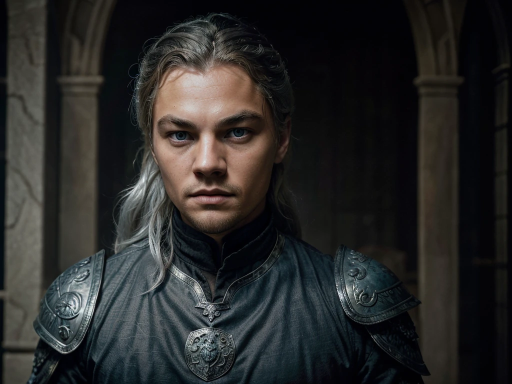 Create an ultrarealistic portrait of a young Leonardo DiCaprio as a Targaryen from Game of Thrones. He has striking platinum white hair, tied back in a neat ponytail, with a few strands falling around his face. His intense blue eyes are framed by sharp, aristocratic features. He is dressed in detailed, dark black armor, adorned with silver dragon motifs that reflect his Targaryen heritage. The background is a dimly lit, medieval castle interior, with flickering torchlight casting dramatic shadows on his face. His expression is regal and determined, capturing the essence of both a prince and a warrior.