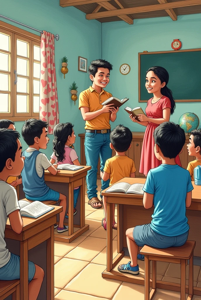 A colorful, child-friendly drawing of Americans introducing formal education in the Philippines. Show American teachers in a classroom with Filipino children, including educational elements like books and a globe, and cultural details in the background.