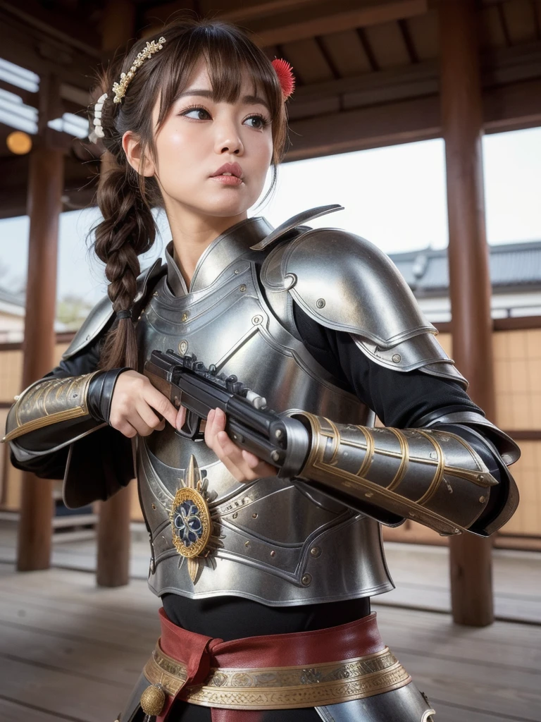 ( bangs, blunt bangs, brown hair, short ponytail,, Depth of written boundary, f/4.0, 135mm, Nikon, uhd, masterpiece, Textured skin, Super detailed,4K,Wide-area lighting),(Beautiful woman: 1.4、Very white skin、Fine grain、 double eyelid)、(((hair ornaments、Wearing leather armor、Bust Shot、Rin々Funny face、Sengoku period、Japanese-style building、He's aiming a gun.、Show from head to chest)))