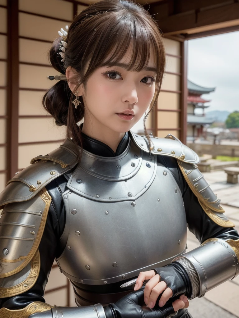 ( bangs, blunt bangs, brown hair, short ponytail,, Depth of written boundary, f/4.0, 135mm, Nikon, uhd, masterpiece, Textured skin, Super detailed,4K,Wide-area lighting),(Beautiful woman: 1.4、Very white skin、Fine grain、 double eyelid)、(((hair ornaments、Wearing leather armor、Bust Shot、Rin々Funny face、Sengoku period、Japanese-style building、He's aiming a gun.、Show from head to chest)))