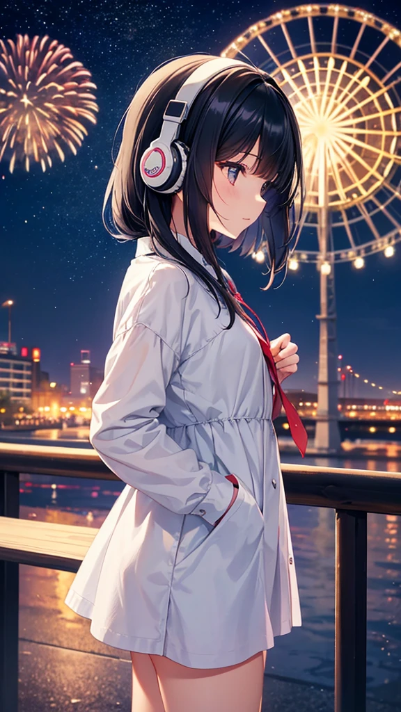 A Ferris wheel with night fireworks in the background。A young girl with black hair wearing stylish clothes and headphones labeled "lo-fi" The girl is shown in profile, gazing into the distance with a calm, relaxed expression Background depicts the iconic scenery of Namba, Osaka at night, without any text on signs A starry night sky adding to the peaceful atmosphere Overall mood is quiet and serene, perfect for lo-fi music Detailed hair rendering and careful attention to the girl's fashionable outfit The entire scene should evoke a relaxing, introspective feeling associated with lo-fi music