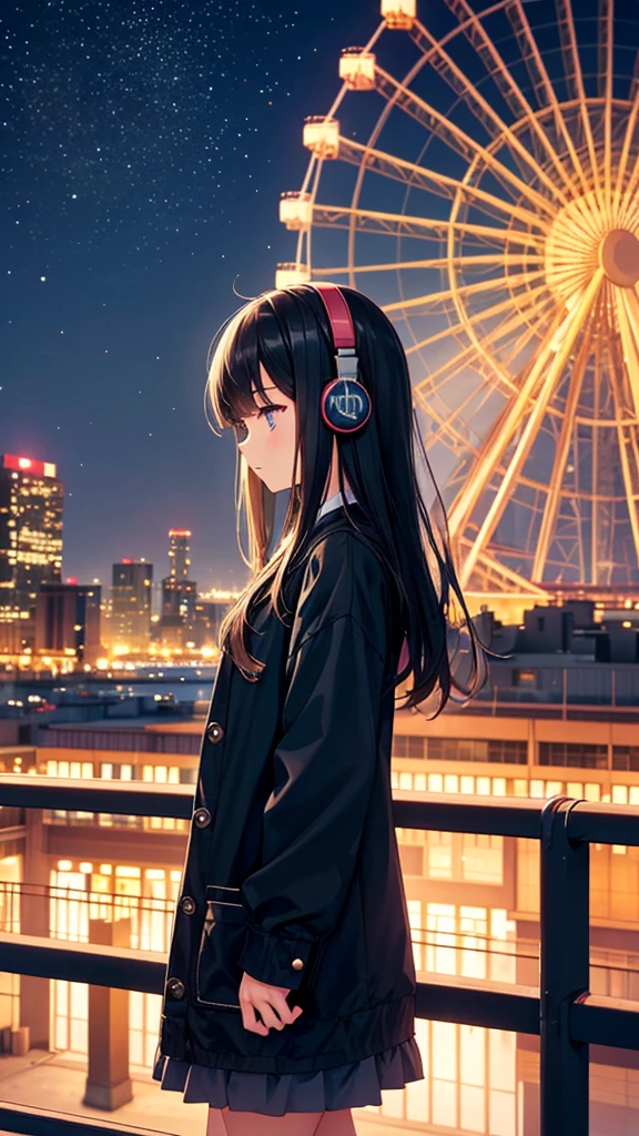 A Ferris wheel with night fireworks in the background。A young girl with black hair wearing stylish clothes and headphones labeled "lo-fi" The girl is shown in profile, gazing into the distance with a calm, relaxed expression Background depicts the iconic scenery of Namba, Osaka at night, without any text on signs A starry night sky adding to the peaceful atmosphere Overall mood is quiet and serene, perfect for lo-fi music Detailed hair rendering and careful attention to the girl's fashionable outfit The entire scene should evoke a relaxing, introspective feeling associated with lo-fi music