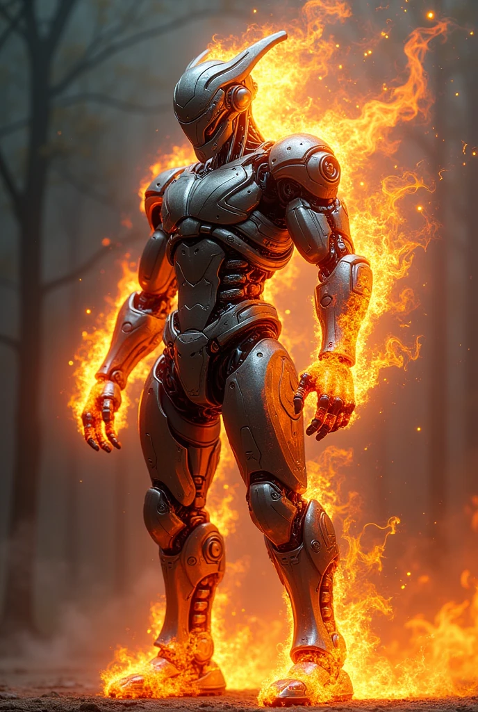 A robot Samurai on fire
