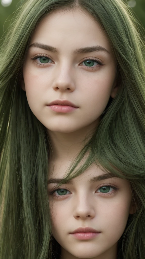 face portrait. a girl. european. extremely detailed face. oval face. delicate features. eyes that hide deep sadness. half-closed eyes. green eyes. long, straight, very thick hair. green hair. frontal. outdoors