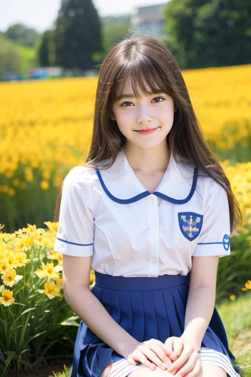 Pretty teen girl, in flowers field, Lily ,look innocent and beautiful, naughty smile, big brown eyes, pale white skin, very long dark hair, bang, wearing school uniform , long dark blue skirt 