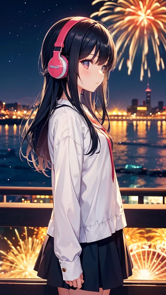 A Ferris wheel with night fireworks in the background。A young girl with black hair wearing stylish clothes and headphones labeled "lo-fi" The girl is shown in profile, gazing into the distance with a calm, relaxed expression Background depicts the iconic scenery of Namba, Osaka at night, without any text on signs A starry night sky adding to the peaceful atmosphere Overall mood is quiet and serene, perfect for lo-fi music Detailed hair rendering and careful attention to the girl's fashionable outfit The entire scene should evoke a relaxing, introspective feeling associated with lo-fi music