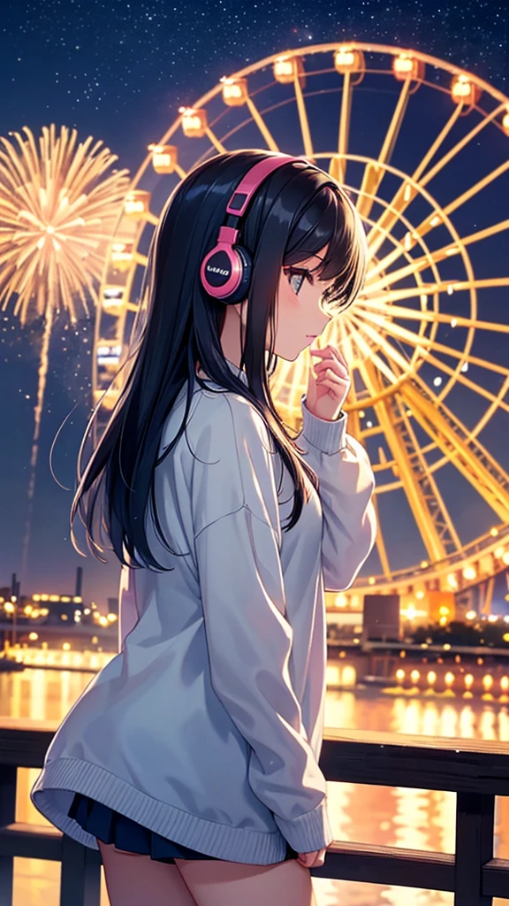 A Ferris wheel with night fireworks in the background。A young girl with black hair wearing stylish clothes and headphones labeled "lo-fi" The girl is shown in profile, gazing into the distance with a calm, relaxed expression Background depicts the iconic scenery of Namba, Osaka at night, without any text on signs A starry night sky adding to the peaceful atmosphere Overall mood is quiet and serene, perfect for lo-fi music Detailed hair rendering and careful attention to the girl's fashionable outfit The entire scene should evoke a relaxing, introspective feeling associated with lo-fi music