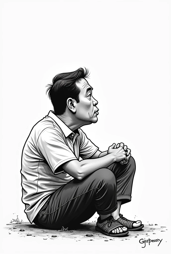 An editorial cartooning-styled version of Juan Dela Cruz sitting down with his legs crossed and watching, sideview to the left. Inked art.