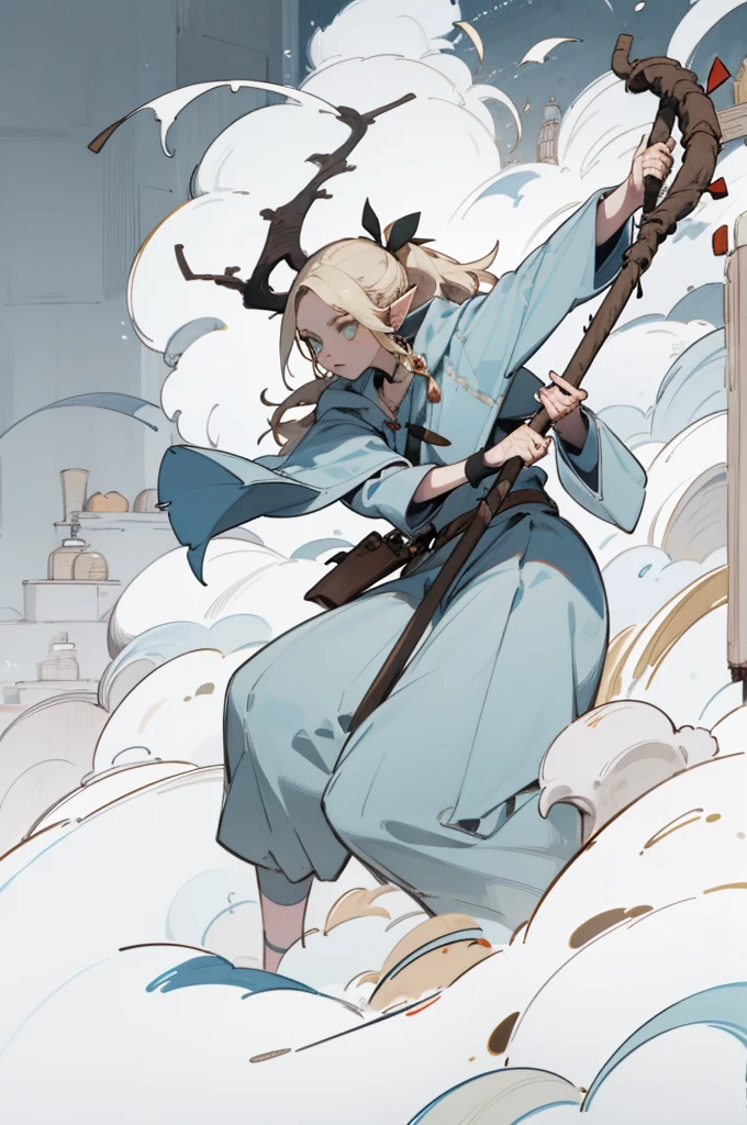 (masterpiece, Best quality) detailed, ((masterpiece)),(((Best quality))), character design, illustration, The main character in the Scandinavian Nordic theme. shaman, woman. It is necessary to depict an interesting weapon and a guardian spirit, next to the character is a guardian spirit, shaman, unusual staff, The preferred details would be a dynamic pose., Outside, its dynamics. Details of the image. Interesting, full length, персонаж shaman, дух рядом с shamanом