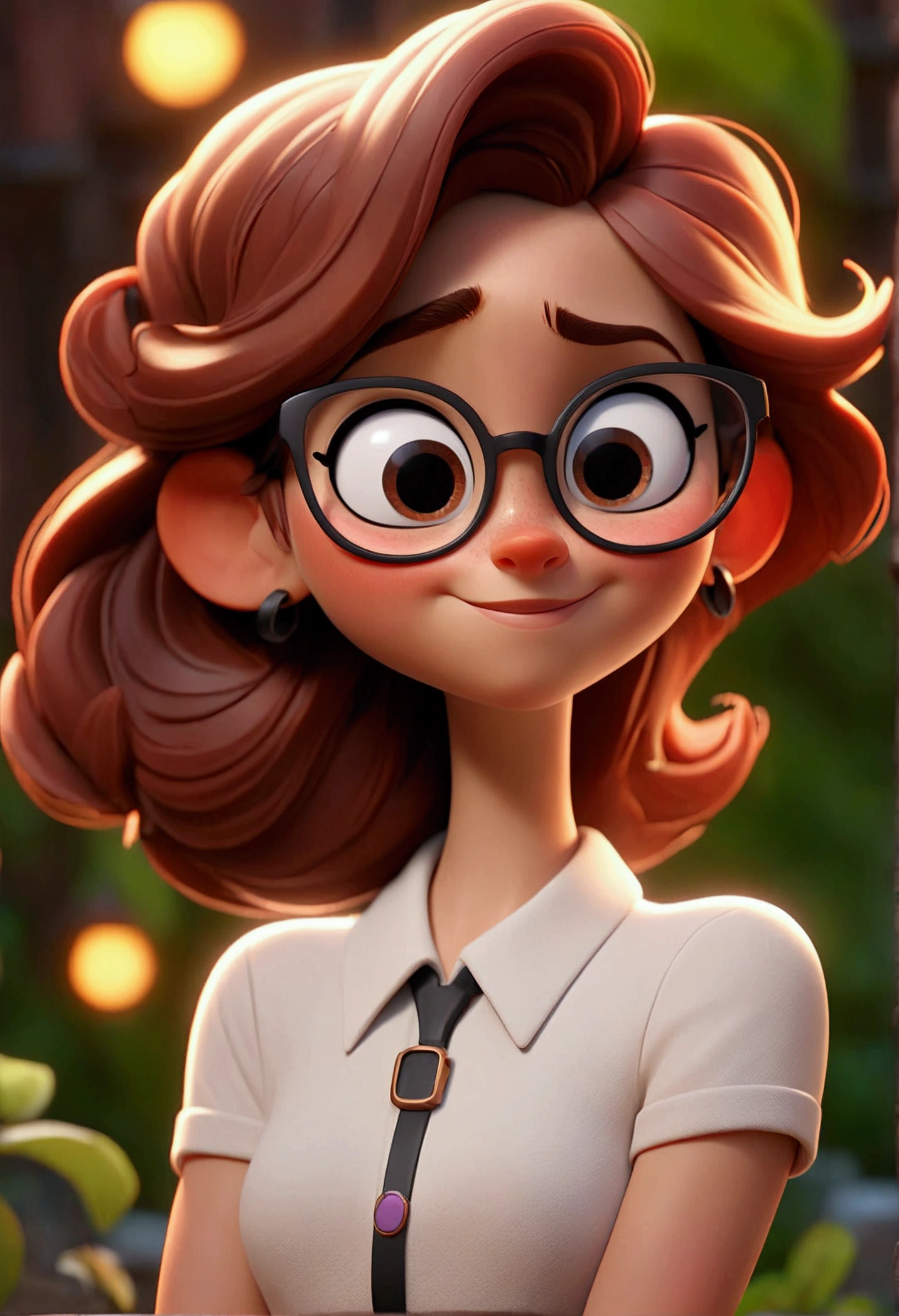 Cartoon character of a 22 year old young woman, fully body, with black round glasses and white shirt, she smiles at the camera, animation character, stylized character, animation style rendering, 3d stylized, Arnold Maya rendering, Stylized 3D rendering, toon render screenshot, 3d character, 3d character, Stylized 3D rendering, 3D character rendering, cartoon character, Personagem de close up, character posing, (Pixar-style) (master part:1.2) (bokeh) (best qualityer) (skin detailed) (detailed texture) (8k) (Argilla) (cinematic lighting) (sharp focus