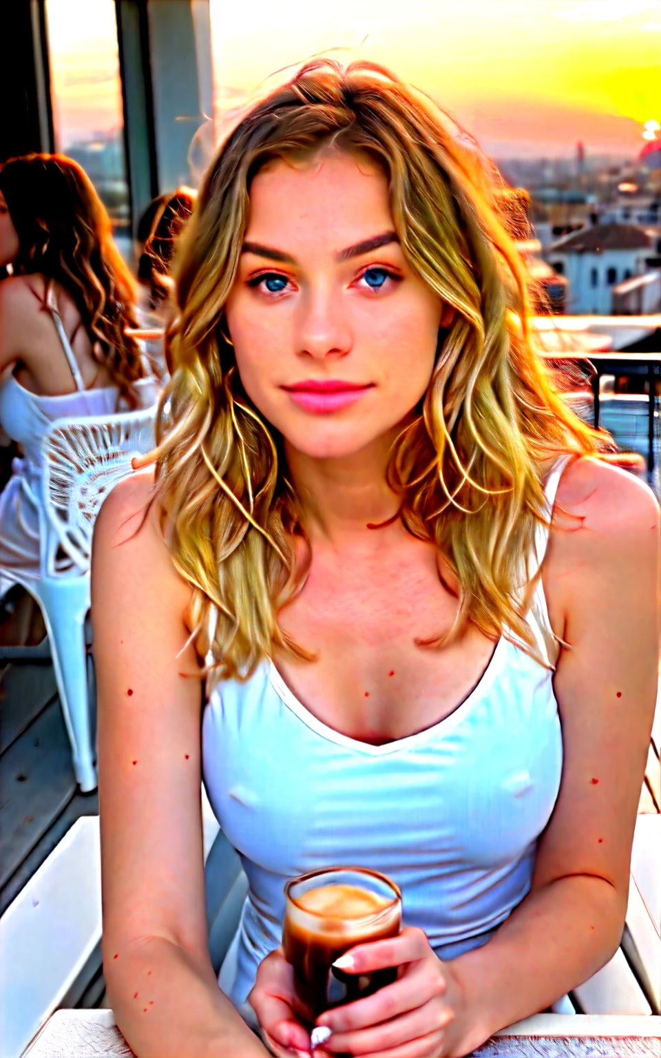Pretty beautiful blonde with a white top (drinking coffee on a terrace at sunset), very detailed, , Visage innocent, naturally wavy hair, blue eye, high resolution, head of'artwork, best quality, complicated details, very detailed, sharpness, detailed skin, realistice Hauttextur, texture, detailed eyes, Professionnel, 4K, charming smile, prise avec Canon, 85 millimeters, Slight depth of field, Kodak Vision Color, corps parfaitement ajusté, extremely detailed, Photo_\(ultra\), fotorealistic, realistic, post-traitement, maximum details, roughness, real life, ultrarealistic, photoRealism, Photography, 8k uh, Photography