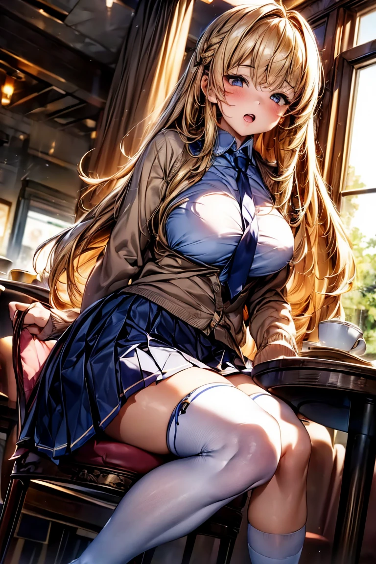 Browsing Caution,(((restaurant))),((Sit on a chair)),Chairs and tables are separate,The view from the other side of the table,((Eating with a spoon)),((Plate on the table,Food on a plate)),(Highest quality, 8k, masterpiece:1.3,beautiful girl),(((Woman 1))) (Very detailed)Glowing Skin,(((Long Hair,blonde,Beautiful Hair))),(Perfect Anatomy, Anatomically correct, Very detailed肌),((Golden Eyes)),((Perfect Fingers,Five Fingers)),((Light blue collared shirt, Navy pleated mini skirt, socks, Navy tie, Light brown cardigan, White knee socks)),Pink Panties, Knee-high socks,Knee-high socks on both feet,Double teeth,(((Heart symbol on eye))),Big Breasts,Big Ass,noon,Light pours in through the window