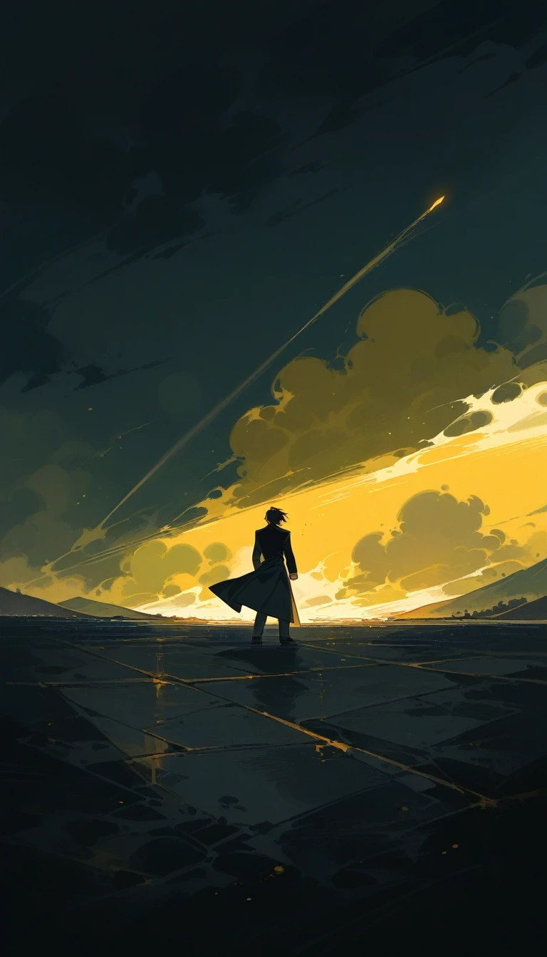 deep colors, Dark_Beige, Goldenrod, in a dark and gloomy world, in the style of distorted and fractured, in the style of bizarre, concept art, hard-edged, hard surface, masterpiece, best quality, exquisite, detailed, 4K, in the theater, with a ghost, with a comet, with a sandstorm, male, man, emperor, butler, Abstract Tech, concrete texture, cloud texture, panicking, desperate, serious look, floating, short hair, black hair, 40-year-old, Mournful Scene, undone clothing 