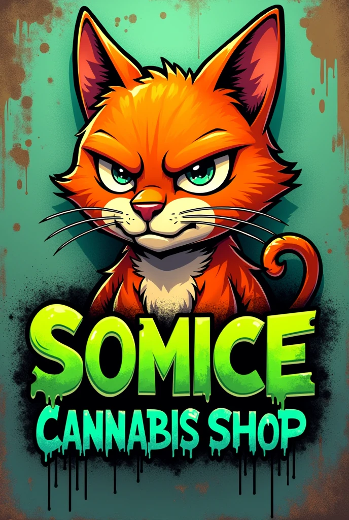 Somice Cannabis Shop Graffiti style logo with a cool orange cat, Bad cat, green letters.