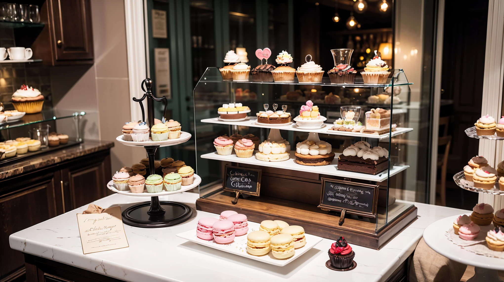 masterpiece, Very detailed, (Little:1.3), , (One girl), Blonde, pastel colour, Cozy atmosphere, Dessert display case, Macaroons, cupcake, tart, cake, coffee maker, Blackboard Menu, Natural light, Glass jar filled with candy, Frosted window glass, Decorative Plate, Whimsical decor, Sugar Sculpture,   