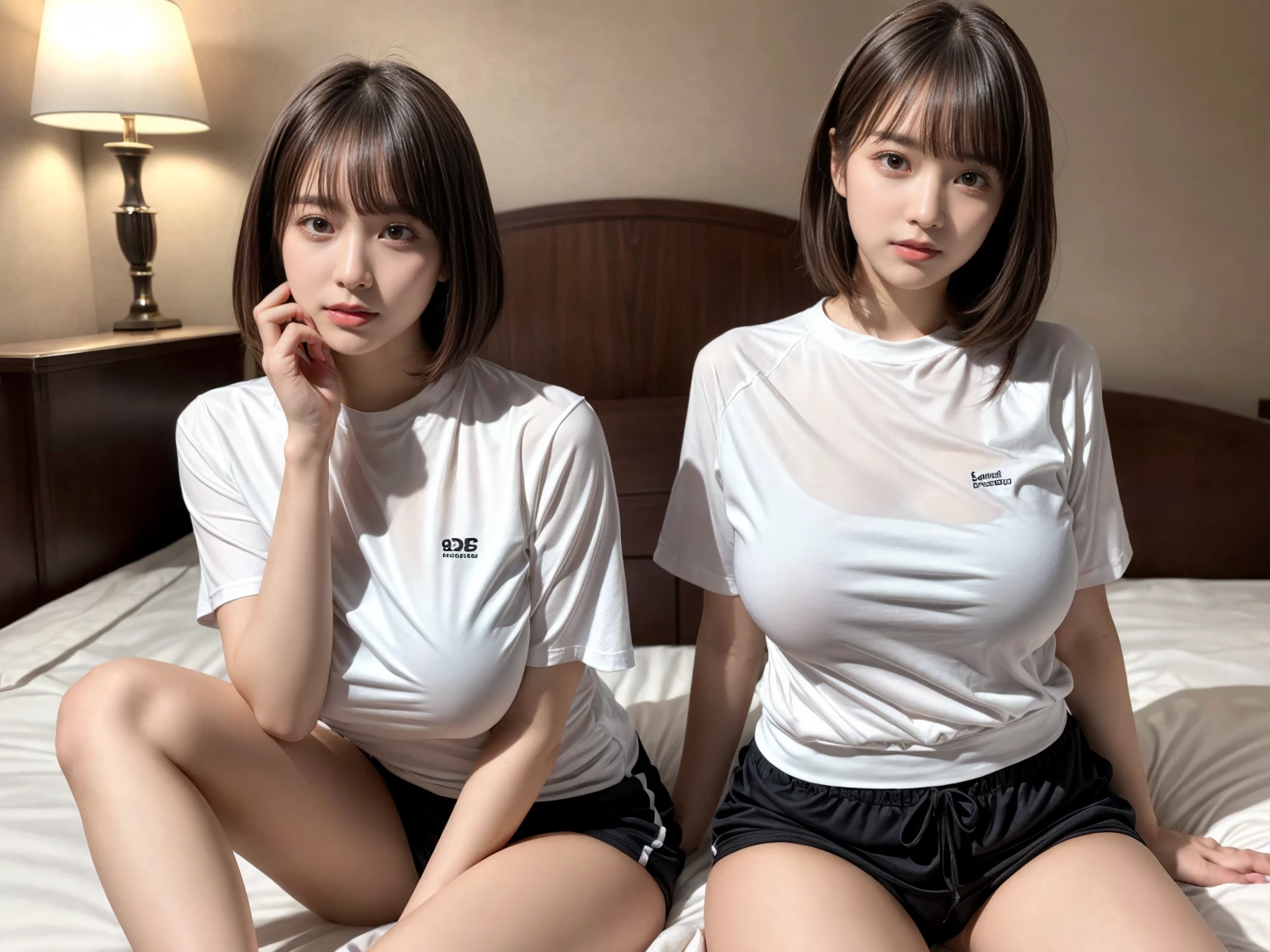 masterpiece, best quality, illustration, Super detailed, fine details, High resolution, 8K,wall paper, perfect dynamic composition,(Details High quality, realistic depiction of eyes:1.3), (2 girls), oversized sport shirt, shorts women, sitting, open legs, short bob hair, in a hotel room in the background, deep on field, large breasts, black hair color, Big Natural Color Lip, (perfect body shape), crying a little、Harajuku style、20 year old girl、cute type、beautiful legs, Gravure Idol
