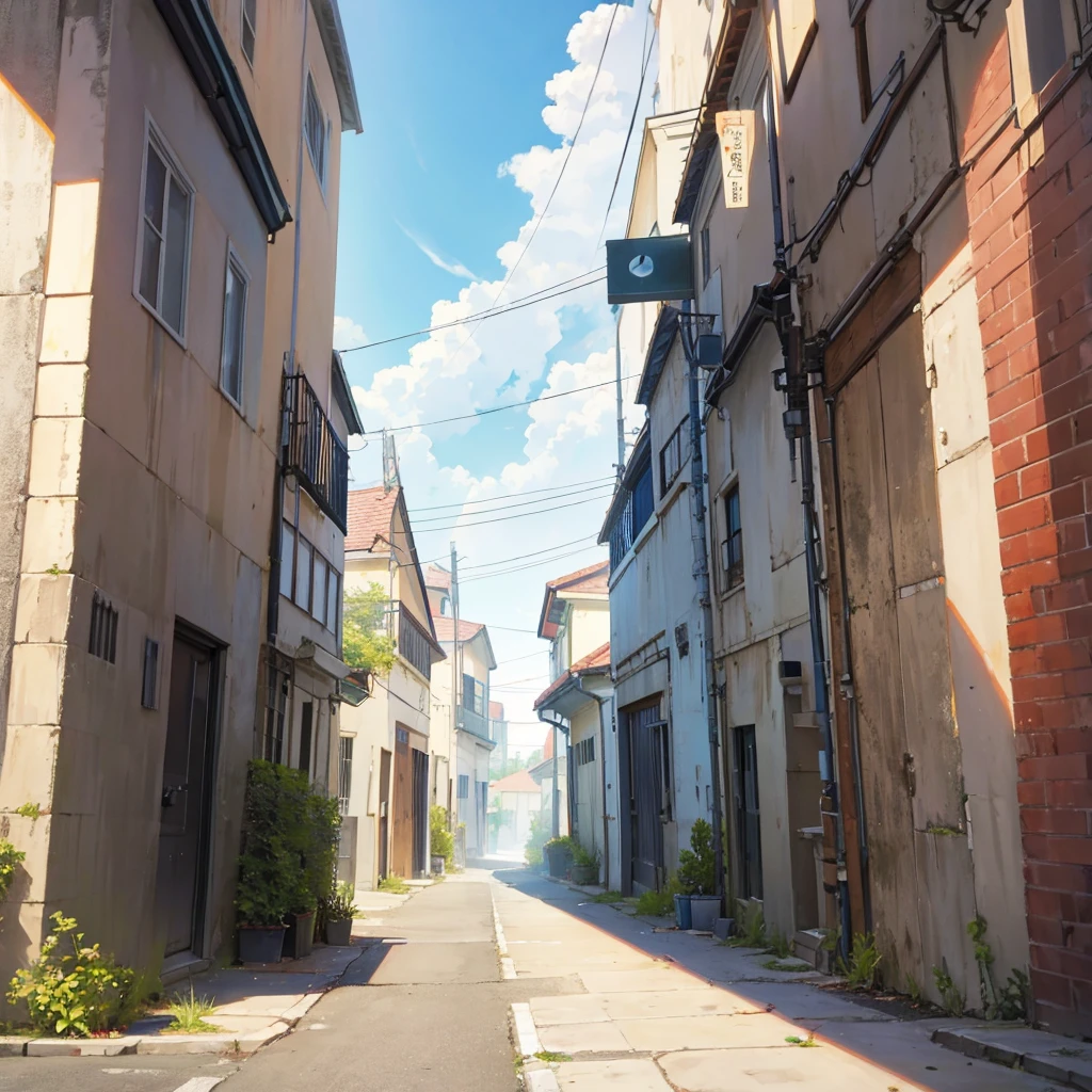 {bird} {赤いエレキギターにbirdが留まる} A deserted backstreet with no people, a red electric guitar