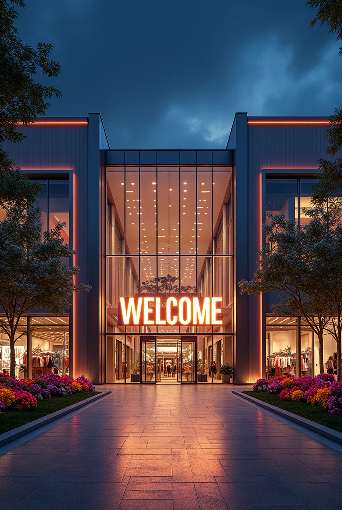 Exterior of a large shopping mall with modern structure and several floors, an entrance decorated with flowers and wide glass doors and a large luminous sign written "WELCOME" that shines while it's night