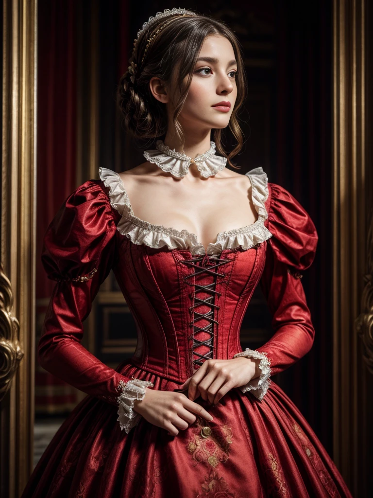 a close up of a woman in a dress with a big collar, a flemish Baroque inspired by Louis Le Nain, tumblr, rococo, costume with red accents, in a high renaissance style, dressed in a medieval lacy, red corset, in a renaissance style, corset, beautiful costume, georgian dress amazing fabric, 1 7 th century duchess, with victorian clothing