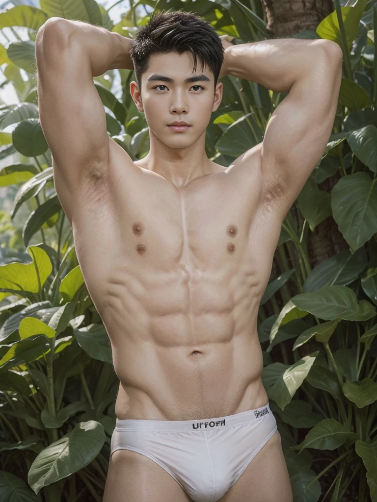 arafed handsome vietnamese male model, young boy, serious, confident, pale white skin, shaved armpit, lifted arms, soft smile, detailed skin, pores, wearing nothing but sexy olive green thong, muscular!!!, outdoors, military training grounds, dim lightings