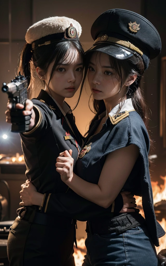 Ultra-high resolution HD details,((The photo effect is very clear & Delicate face)) (((纺织遮Light))), (((best quality))), (((masterpiece))), (((Surreal photos))) Movie Scenes, Movie Movie Action Action Facing Shooting, red Light source of Light, Japanese girls all wear messy military uniforms,Covered in medals,Wearing a general's hat, Large Breasts, wet & Sweaty face, Detailed pore skin face, dramatic Lighting shadow & Light, fighting gesture & Pointing guns at each other, Flames everywhere, Located in a chaotic military facility, Gritty atmosphere,8K, Perfect cinematography, John Wick style