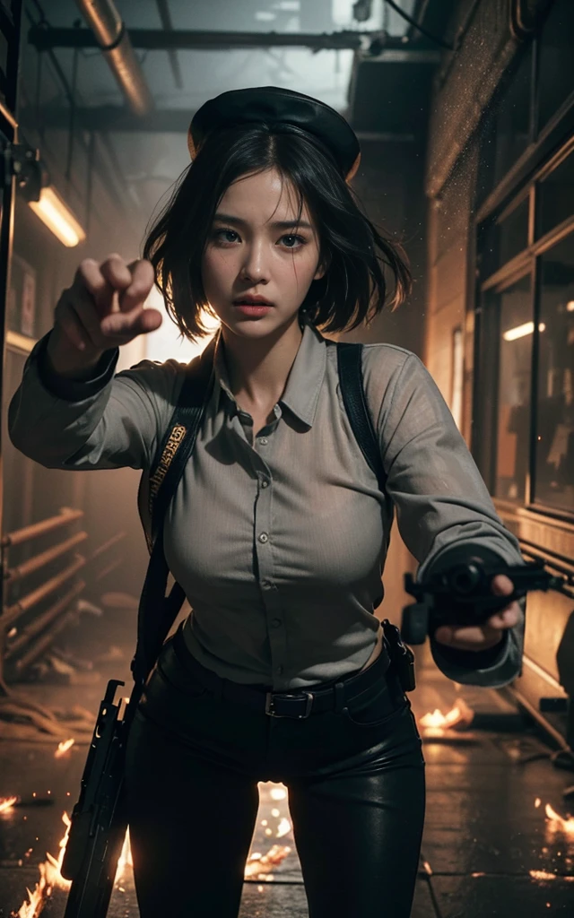 Ultra-high resolution HD details,((The photo effect is very clear & Delicate face)) (((纺织遮Light))), (((best quality))), (((masterpiece))), (((Surreal photos))) Movie Scenes, Movie Movie Action Action Facing Shooting, red Light source of Light, Japanese girls all wear messy military uniforms,Covered in medals,Wearing a general's hat, Large Breasts, wet & Sweaty face, Detailed pore skin face, dramatic Lighting shadow & Light, fighting gesture & Pointing guns at each other, Flames everywhere, Located in a chaotic military facility, Gritty atmosphere,8K, Perfect cinematography, John Wick style