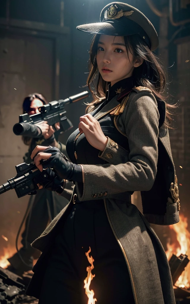 Ultra-high resolution HD details,((The photo effect is very clear & Delicate face)) (((纺织遮Light))), (((best quality))), (((masterpiece))), (((Surreal photos))) Movie Scenes, Movie Movie Action Action Facing Shooting, red Light source of Light, Japanese girls all wear messy military uniforms,Covered in medals,Wearing a general's hat, Large Breasts, wet & Sweaty face, Detailed pore skin face, dramatic Lighting shadow & Light, fighting gesture & Pointing guns at each other, Flames everywhere, Located in a chaotic military facility, Gritty atmosphere,8K, Perfect cinematography, John Wick style