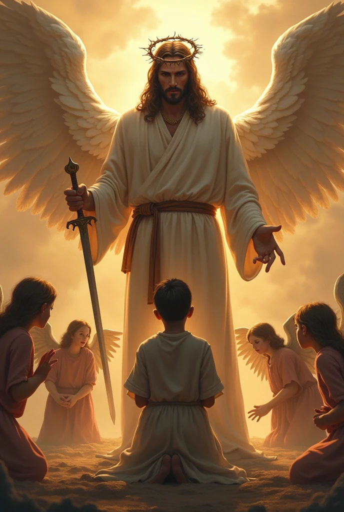 Jesus with the crown and sward with anger looks stands behind the boy who prays, and the angels stands surrounding him and protecting him 