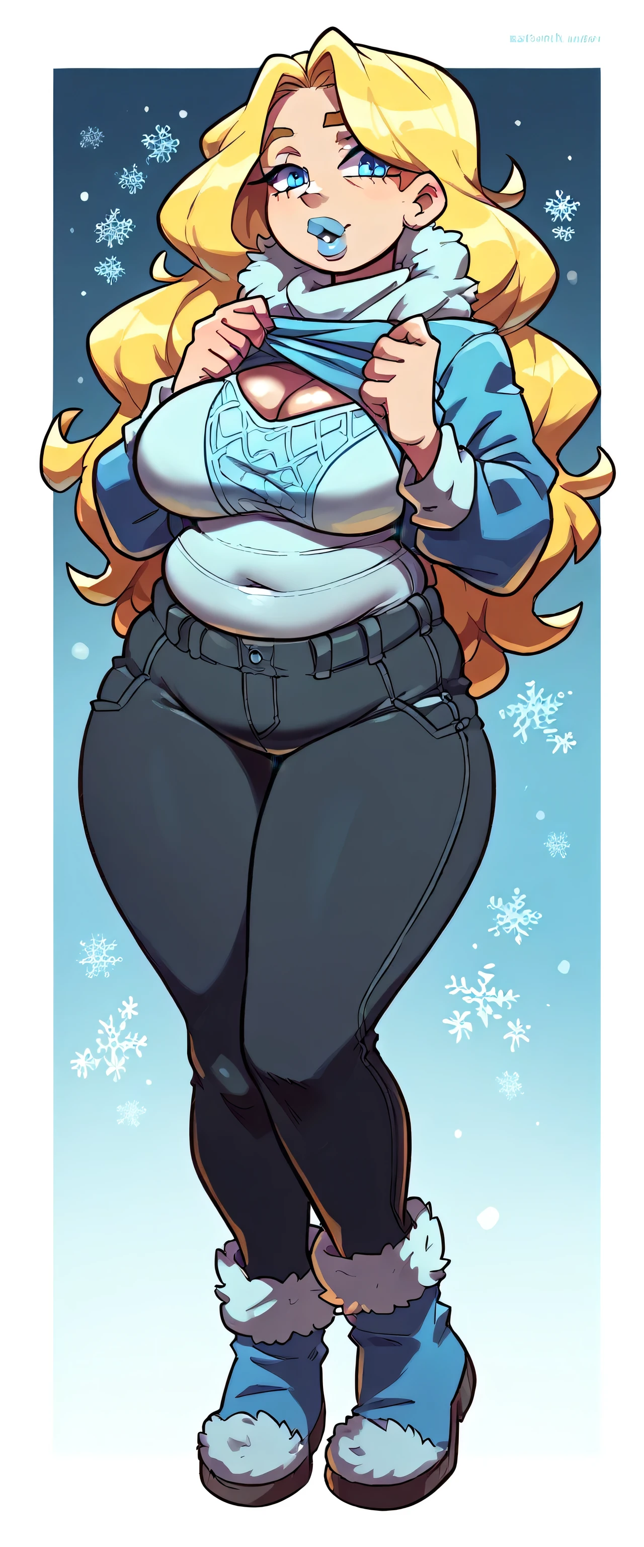  A sexy beautiful girl with big breasts, long wavy straight yellow hair, blue eyes, bright pink lips, is wearing an overweight gray polar fleece blouse and metallic black pants, blue polar socks, and snow boots. 