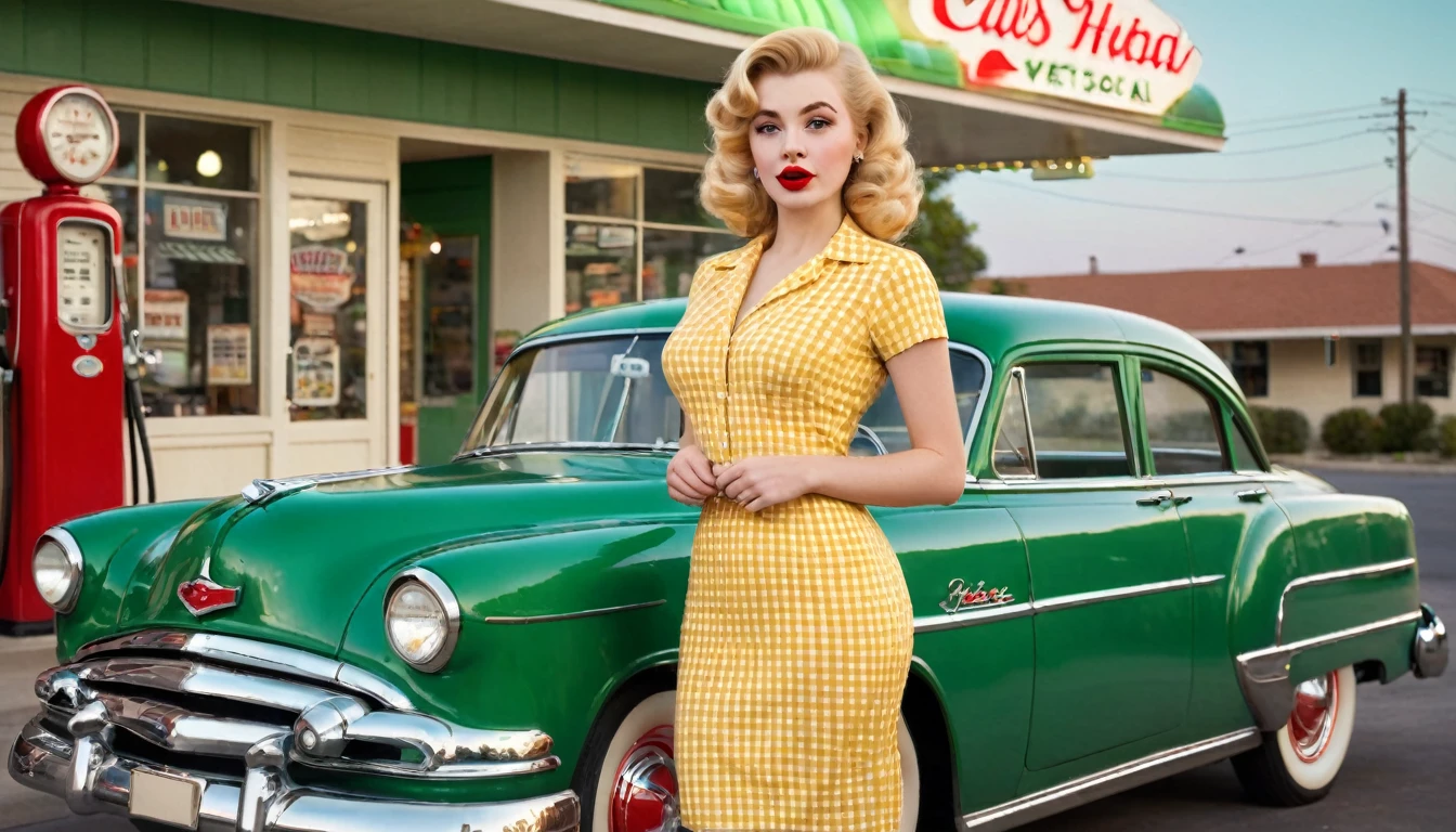 A beautiful young blonde woman with vintage 1950s style pinup stands confidently in front of a classic green car at a retro gas station. She wears a form-fitting, yellow gingham dress that accentuates her figure, complemented by red lipstick and elegant, curled blonde hair. The gas station has a nostalgic feel, with green and cream accents and a classic gas pump. The night sky above is clear, adding a serene ambiance to the scene. The overall mood is nostalgic and glamorous, capturing the essence of mid-20th-century Americana. perfect face, Ultra realistic photo, vibrant colors, 16k