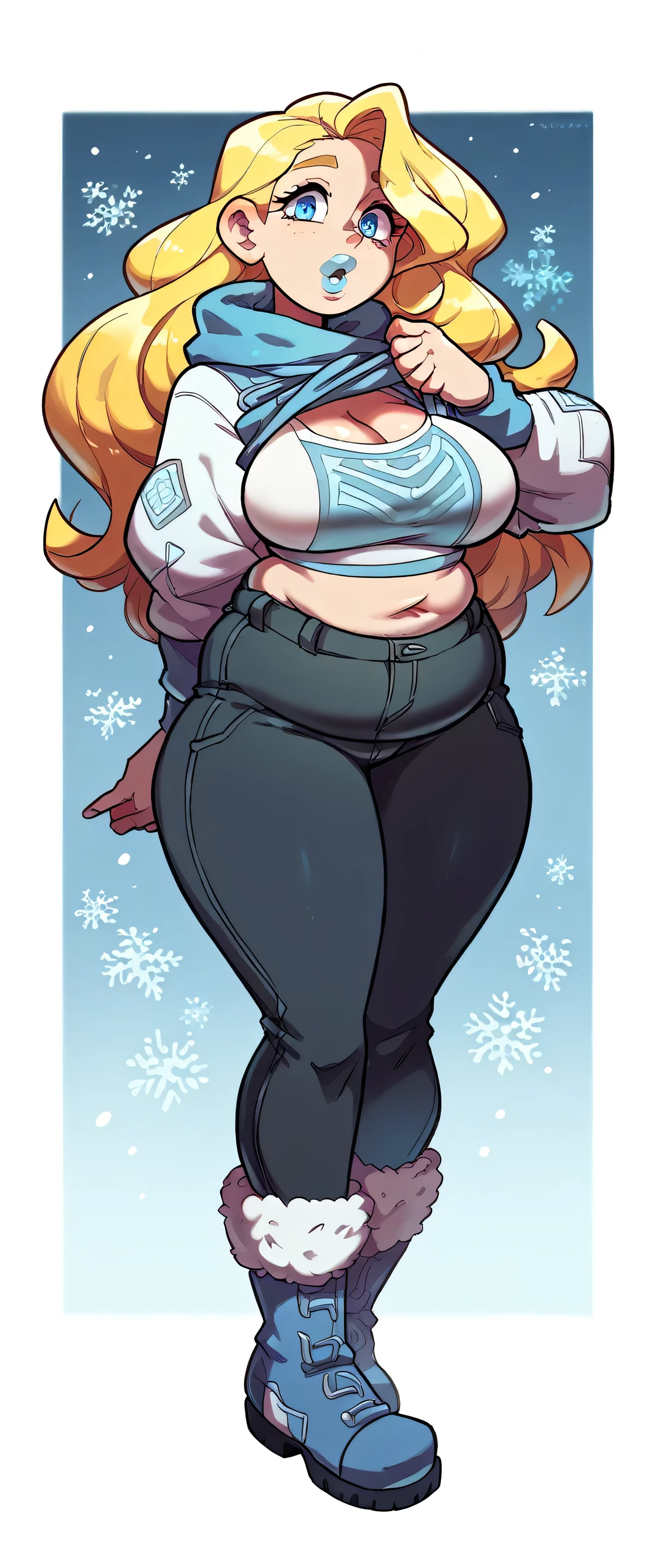  A sexy beautiful girl with big breasts, long wavy straight yellow hair, blue eyes, bright pink lips, is wearing an overweight gray polar fleece blouse and metallic black pants, blue polar socks, and snow boots. 