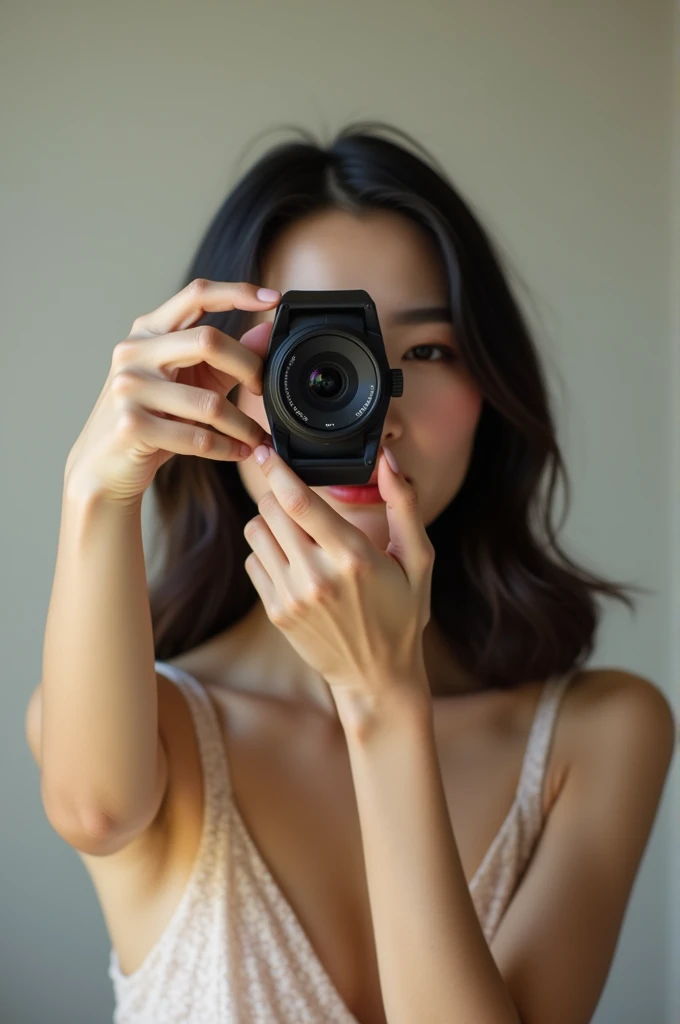 Japanese model takes selfie like a social media influencer、Webcam Photos、Photo by Felicia Simone、Filmed in Provia、hinchel、Glossy。