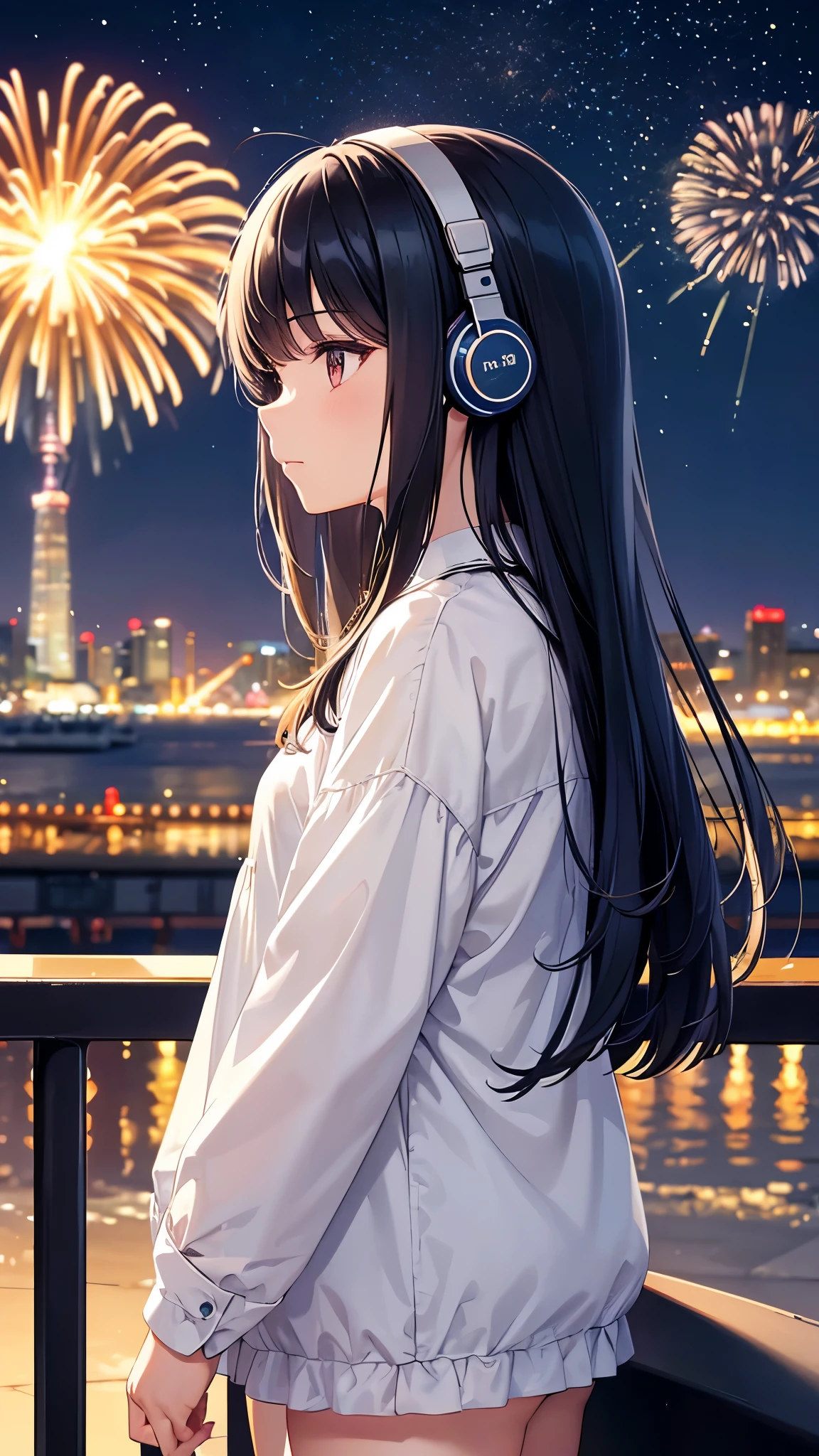 A Ferris wheel with night fireworks in the background。A young girl with black hair wearing stylish clothes and headphones labeled "lo-fi" The girl is shown in profile, gazing into the distance with a calm, relaxed expression Background depicts the iconic scenery of Namba, Osaka at night, without any text on signs A starry night sky adding to the peaceful atmosphere Overall mood is quiet and serene, perfect for lo-fi music Detailed hair rendering and careful attention to the girl's fashionable outfit The entire scene should evoke a relaxing, introspective feeling associated with lo-fi music