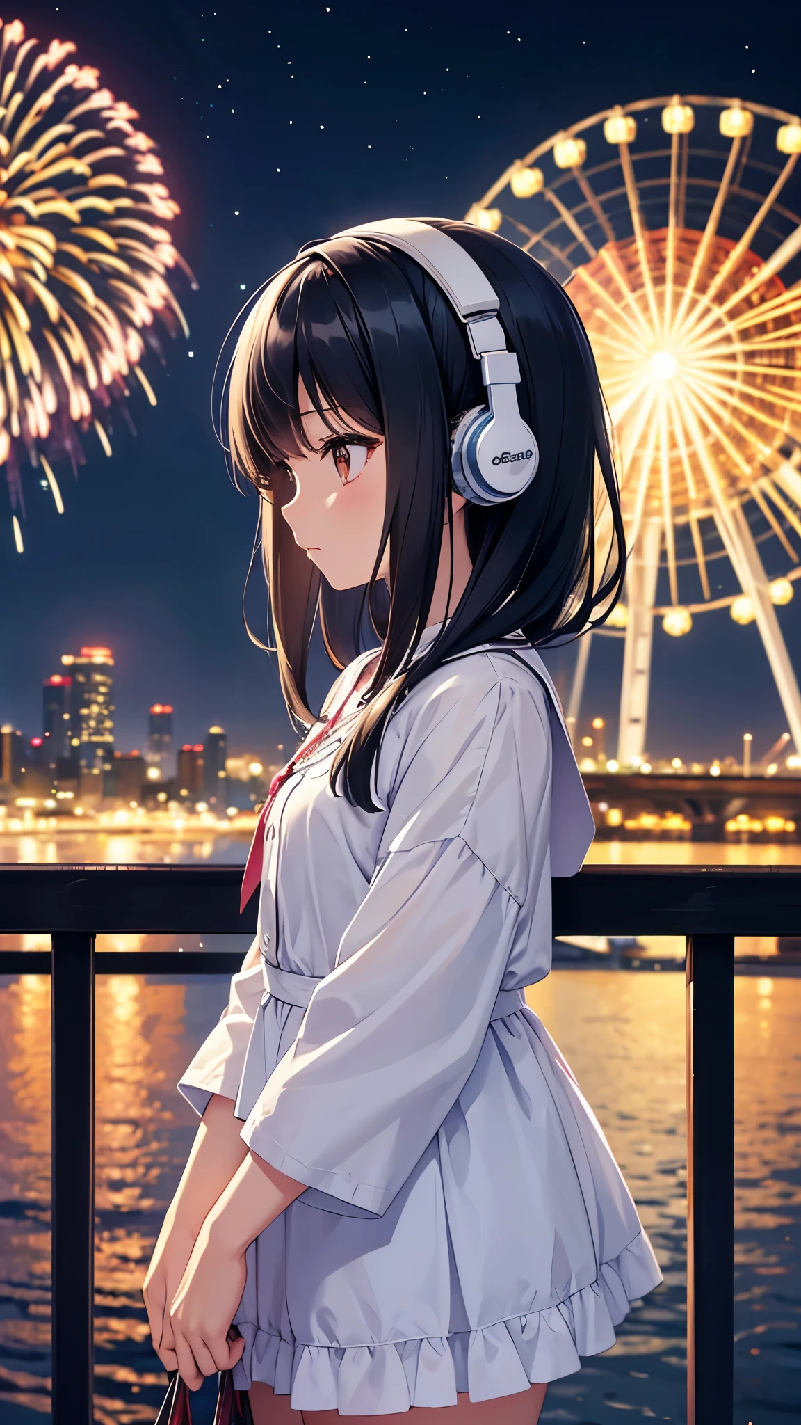 A Ferris wheel with night fireworks in the background。A young girl with black hair wearing stylish clothes and headphones labeled "lo-fi" The girl is shown in profile, gazing into the distance with a calm, relaxed expression Background depicts the iconic scenery of Namba, Osaka at night, without any text on signs A starry night sky adding to the peaceful atmosphere Overall mood is quiet and serene, perfect for lo-fi music Detailed hair rendering and careful attention to the girl's fashionable outfit The entire scene should evoke a relaxing, introspective feeling associated with lo-fi music