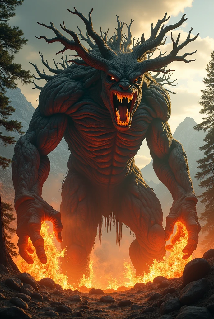 Colossal tree monster, burning forest, flames engulfing branches, angry expression, mountainous background, cinematic lighting, hyper-detailed CGI, epic fantasy scene, movie still --ar 16:9 --q 2