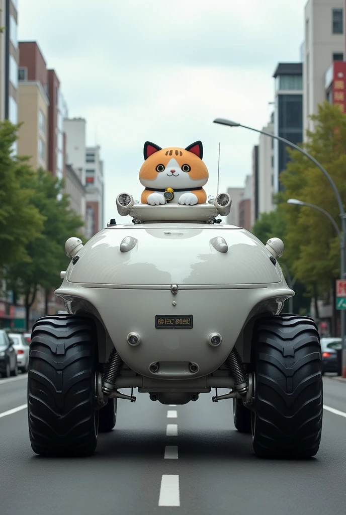Neko-Nabe Armored Tank, armored tank with an oval iron pot motif, super vehicle, Fully air conditioned, six-wheeled off-road vehicle, monster truck, futuristic curvaceous car body, pure white car body, BREAK, running through the city during the day, obey traffic rules, continuously fires a vulcan and happy cat cushion that comes out from the front,