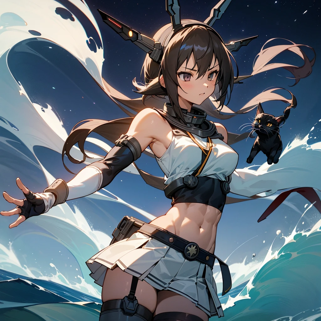 hyper detailed, perfect anatomy, best quality, extremely delicate, extremely detailed, cool,1 girl, Nagato(kancolle), long hair, headgear, dark hair, hairband, collar, bare shoulders, crop top, elbow gloves, fingerless gloves, black gloves, midriff, pleated skirt, white skirt, garter straps, thighhighs, muscle, muscular abs, six pads, with a black cat, night sky, stars, milkyway, sea, wave,