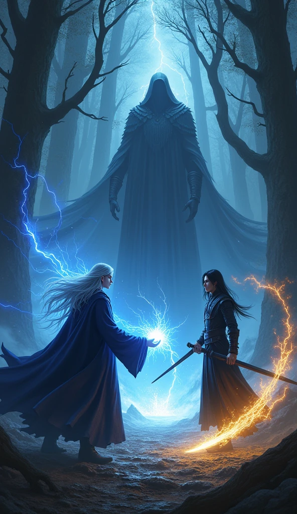 "Three characters are fighting in a deep ancient forest. The first character is Nomirage, a blue-robed dyne wizard. His long silver hair blows in the wind, he holds an ancient staff in his hand, and is about to unleash his "Blue Catastrophe". The scene captures the moment before he unleashes his blue aura on the black-robed Chaos lurking in the forest, and a magic circle glows on his back as he prepares. The forest itself is dark and eerie, lit by flashes of lightning, creating a dramatic atmosphere.
Beside him stands Vortex, a tall and imposing figure. With long black hair, he wears a long black coat over a white aristocratic shirt. He holds a long black sword and has a calm, mysterious expression, exuding the aura of a skilled hunter known as the "Black Knight". Vortex prepares to unleash his special move "Shadow Eclipse", and golden energy swirls around his blade, ready to engulf any foe.
In the background, the "Evil God" towers, a godly figure shrouded in darkness. His eyes burn with an unholy light and he wields a staff of pure dark energy. His presence exudes an aura of divine malevolence, and he commands an army of dark followers.