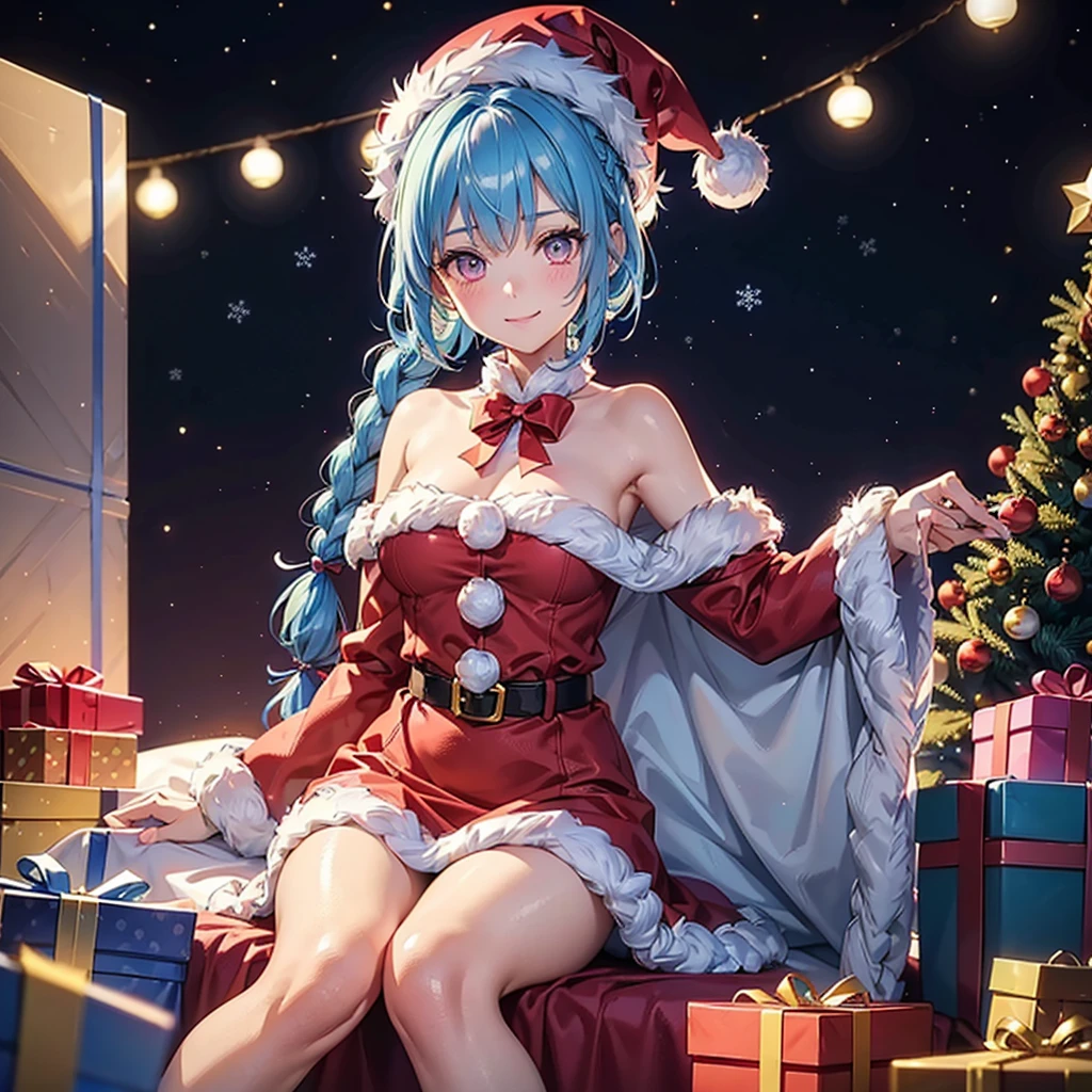 (Sky blue hair),(Braided short hair), (Pink Eyes),Fair skin) ,(whole body),(One Girl),(Gift boxes filling the background),(Santa Claus clothes),(Cute smile),Santa Claus hat,(Christmas Party),(masterpiece, Highest quality, Very detailed, Best Shadow), (Detailed Background), (Beautifully detailed face), High Contrast, (Best lighting, Very delicate and beautiful), ((Cinematic Light)), Hyper Detail,8k, Dramatic Light, Intricate details,night,Christmas tree