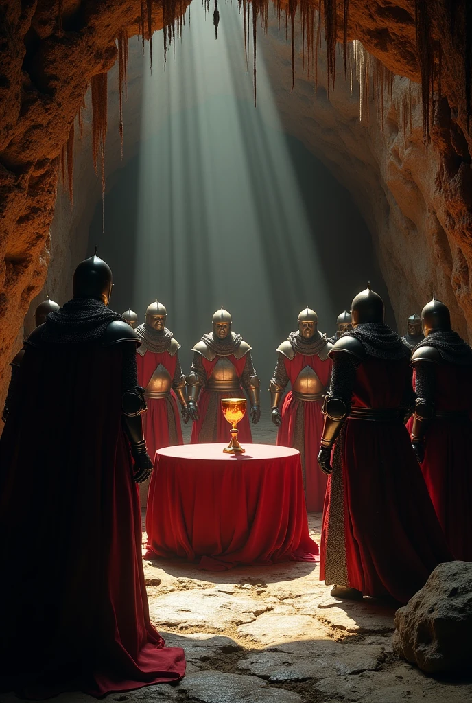 Generate a perspective image.Knights of the Round Table, during the search for the Holy Grail, medieval times, knight's attire with armor, in a secret cave with dim lights, the knights find the Grail on an altar, background with stalactites and shadows, detail plan, hyper-realistic, Photo realism, cinematography.