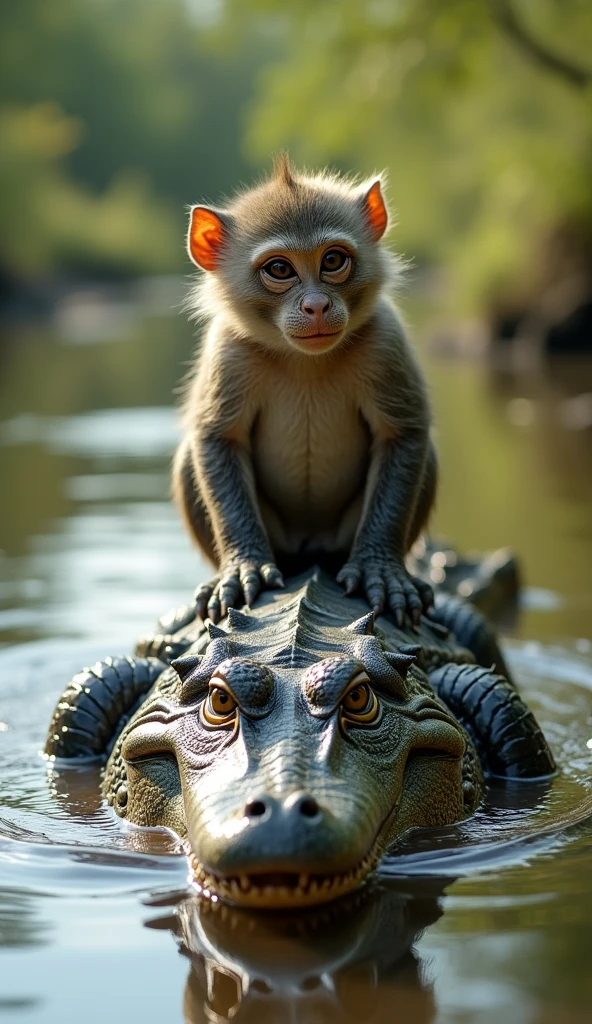 A monkey is sitting on top of a crocodile and walking in the river