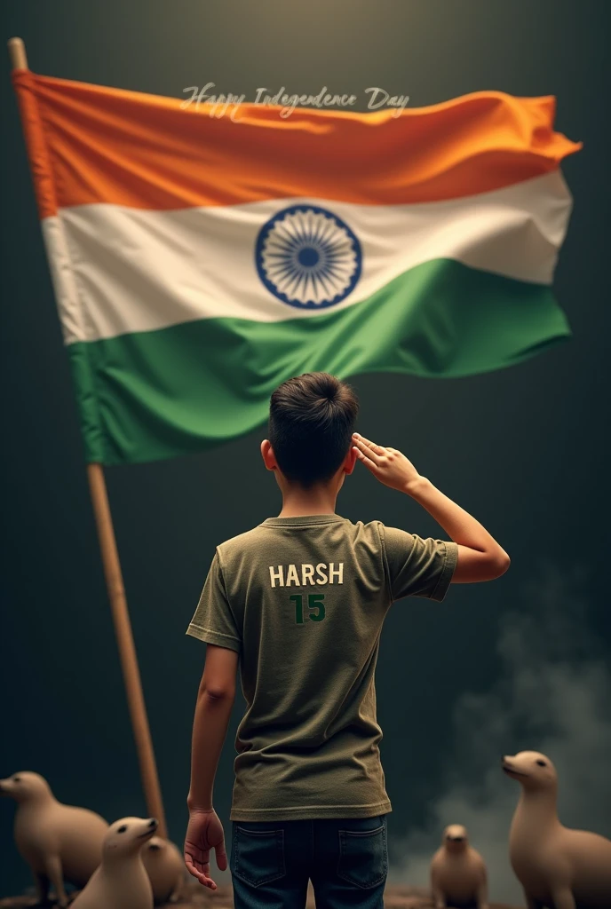 A 18 year old boy named HARSH stands wearing an army T-shirt with his name on it, holding the Indian flag. In the background, there’s a large Indian flag with ‘Happy Independence Day 15 August’ written. He is saluting with seals and smoke in a dark background. Create a 3D realistic high-quality photo.