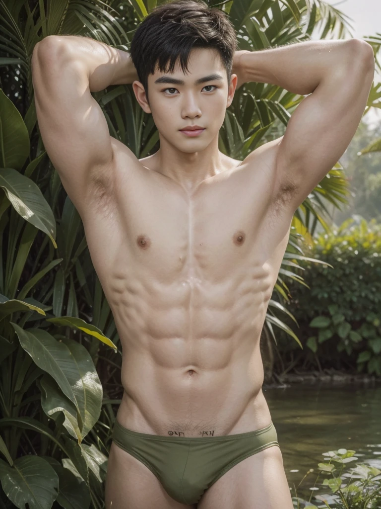 arafed handsome vietnamese male model, young boy, serious, confident, pale white skin, shaved armpit, lifted arms, soft smile, detailed skin, pores, wearing nothing but sexy olive green thong, muscular!!!, outdoors, military training grounds, dim lightings